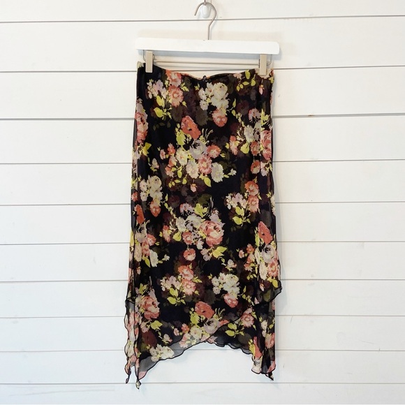 Urban Outfitters | Marisol Black Floral Hanky Hem Midi Skirt Size Medium - Picture 6 of 14